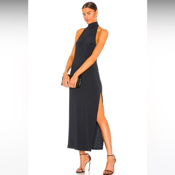 Norma Kamali Halter Turtle Side Slit Gown in Pewter - Picture 1 of 11